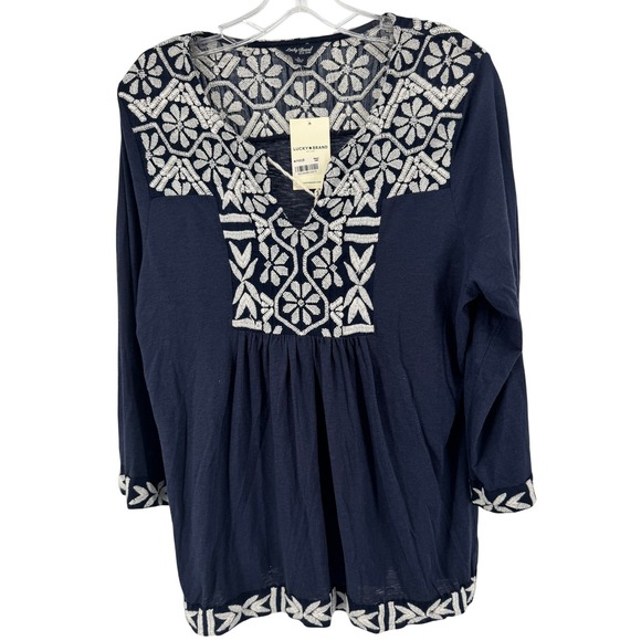 Lucky Brand Tops - NWT Lucky‎ Brand Embroidered Peasant Top Women L Navy Blue L/S Boho Blouse